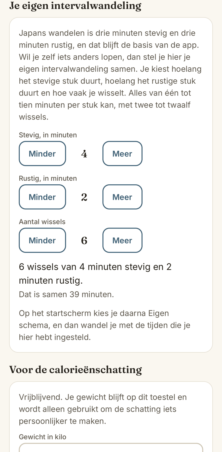Het scherm waarop je in de app je eigen intervalwandeling instelt