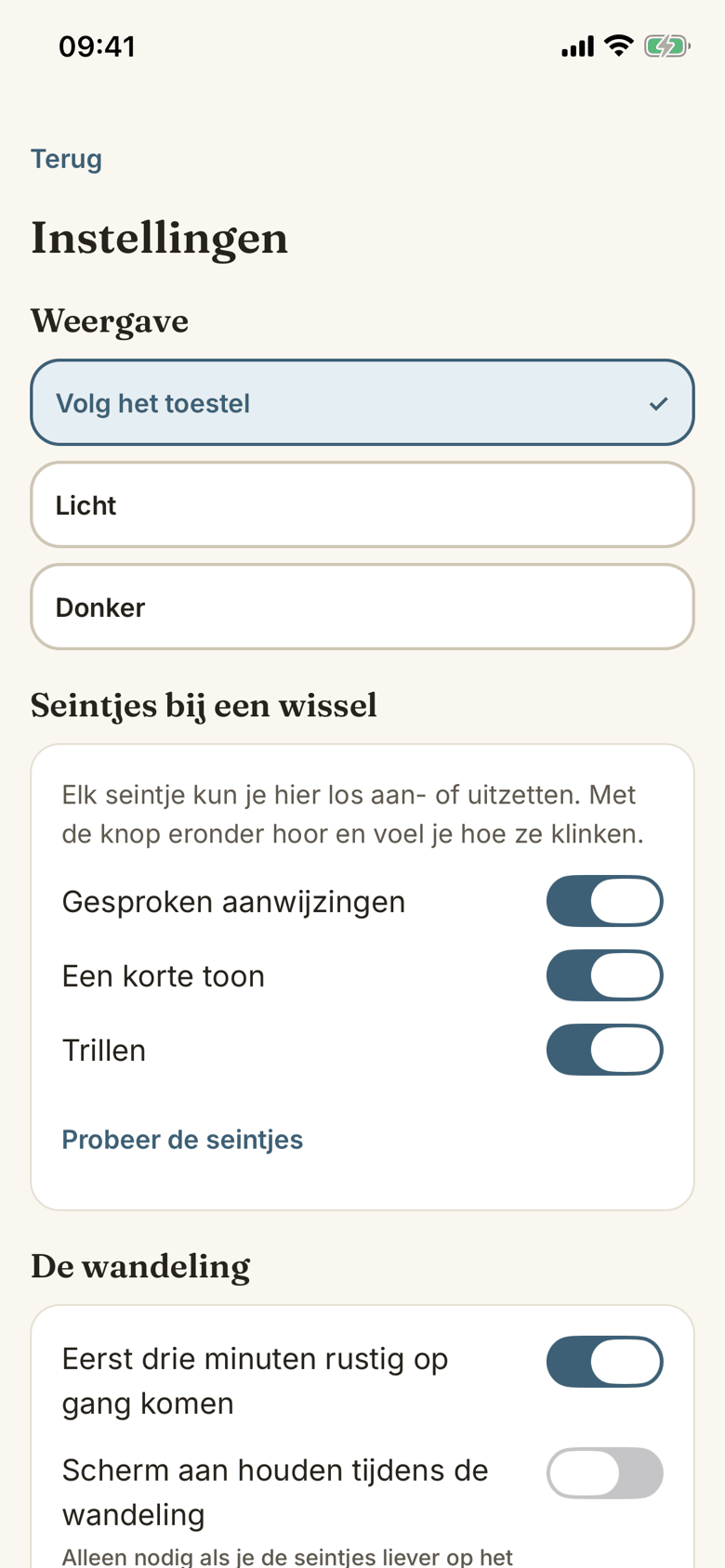 De instellingen van de Japans Wandelen-app met de seintjes