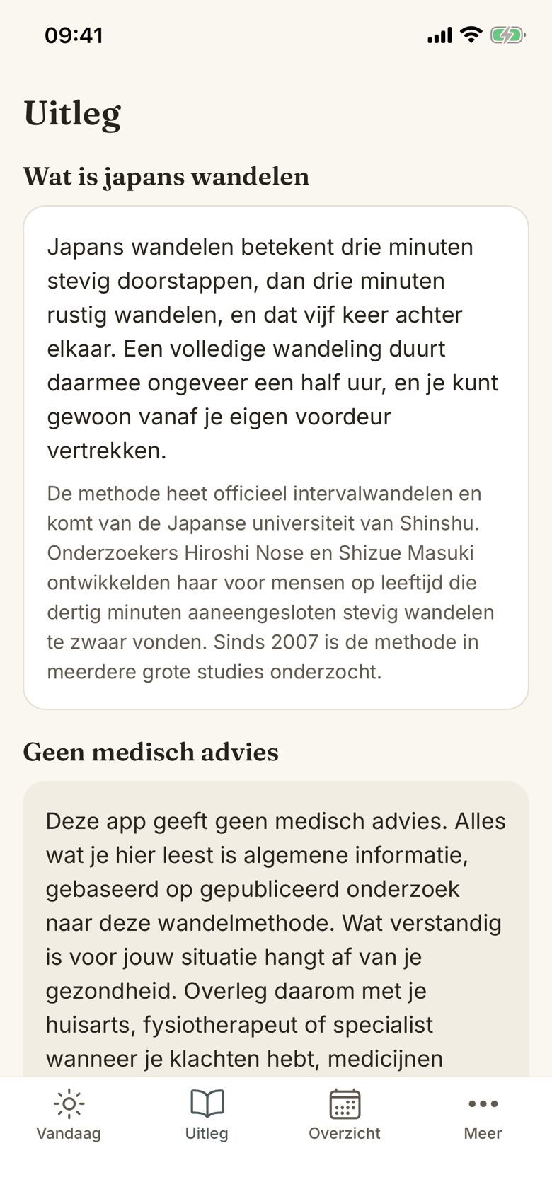 Het uitlegscherm van de Japans Wandelen-app over het tempo en de praattest